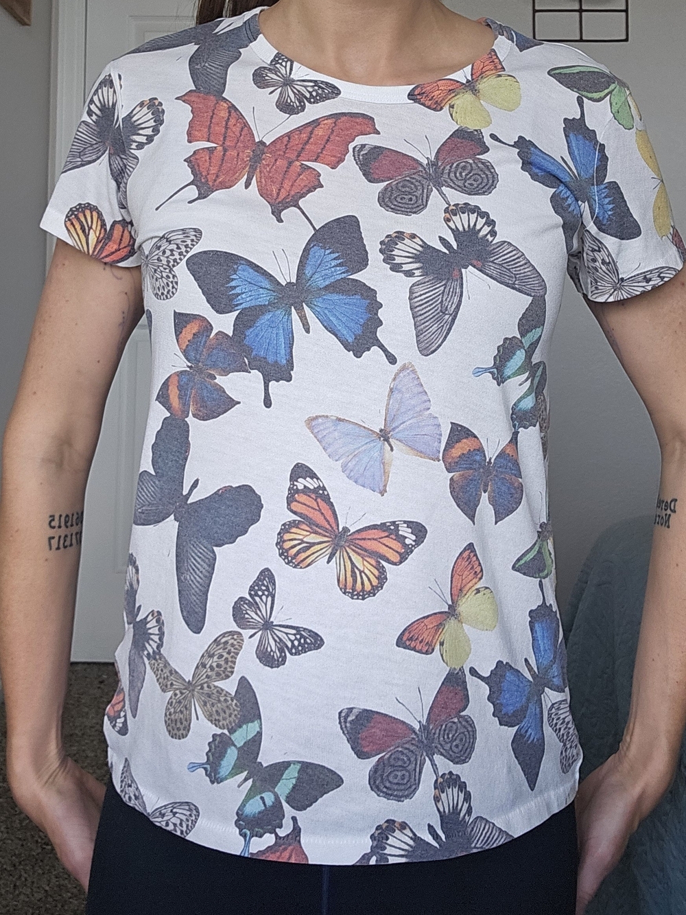 Butterfly Print Short Sleeve Tee - White Base with Multicolor Butterflies